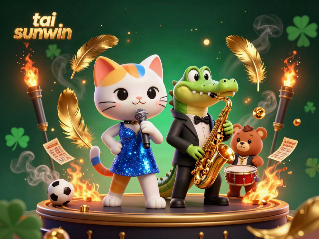 Experience exhilarating gameplay with tai sunwin featuring a jazz cat, crocodile saxophonist, and drum bear, amid vibrant casino elements.