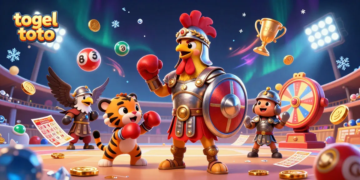 Merayakan keberuntungan togel toto di arena yang dinamis dengan karakter ayam jantan, anak harimau, dan penanda elang.