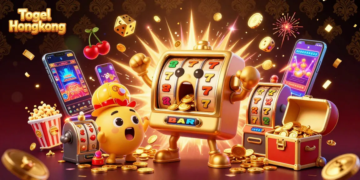 Togel Hongkong jackpot burst visually illustrated with a golden slot machine celebrating coins falling everywhere.