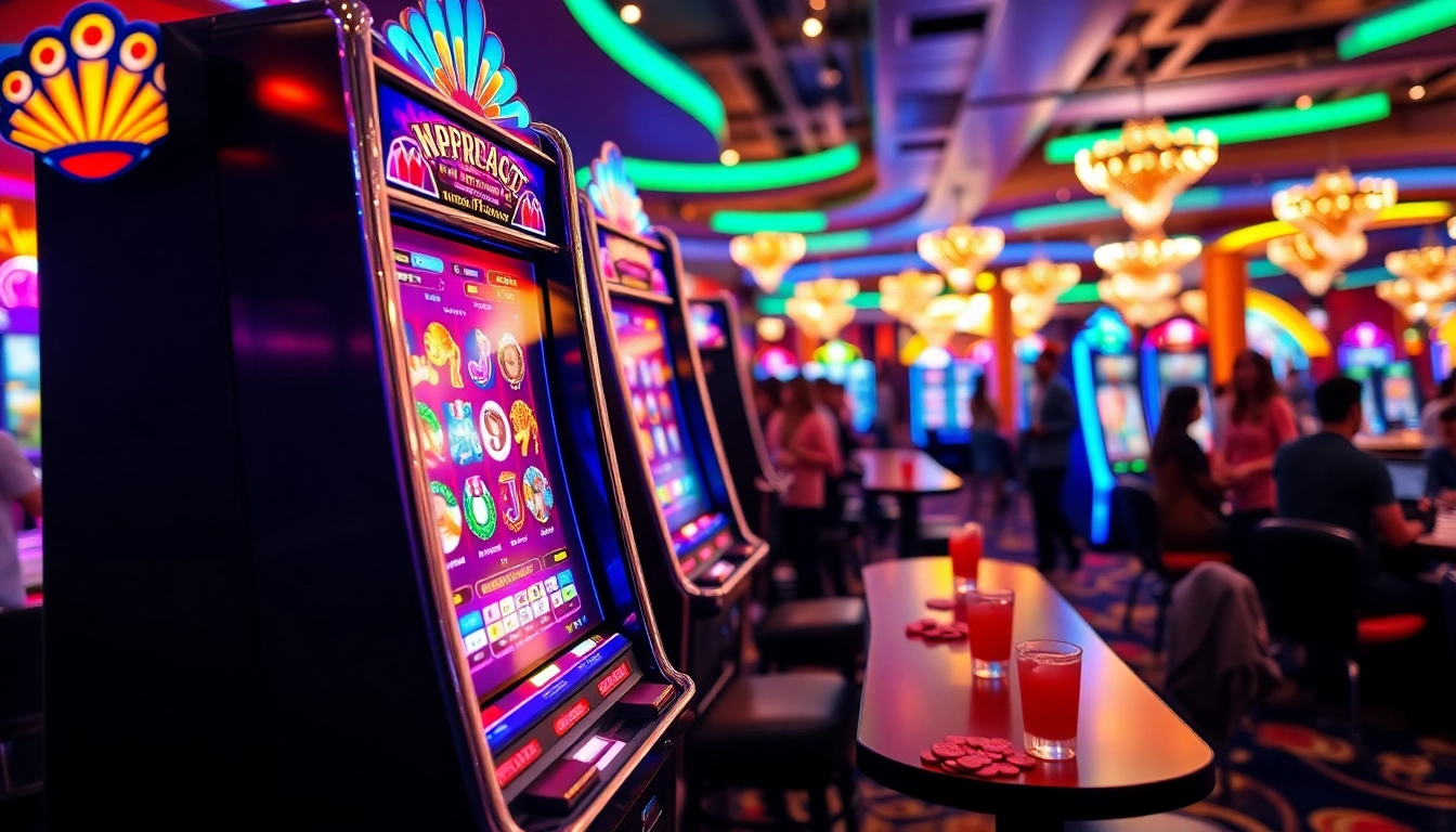 Bermain mesin slot yang berwarna cerah di kasino modern dengan suasana ramai.