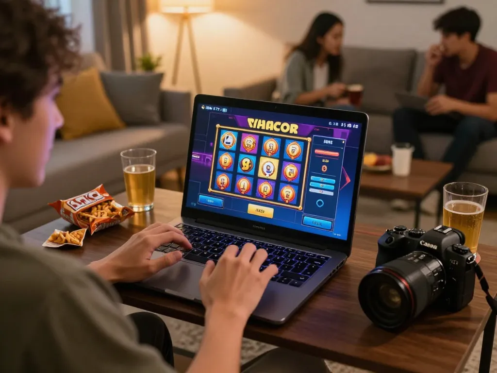 Suasana bermain di rumah yang menarik menampilkan link slot gacor di layar laptop dengan visual slot yang cerah.