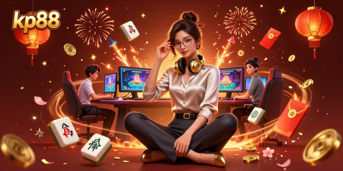 Win big with kp88 in a vibrant casino scene featuring a stylish gamer at her setup.