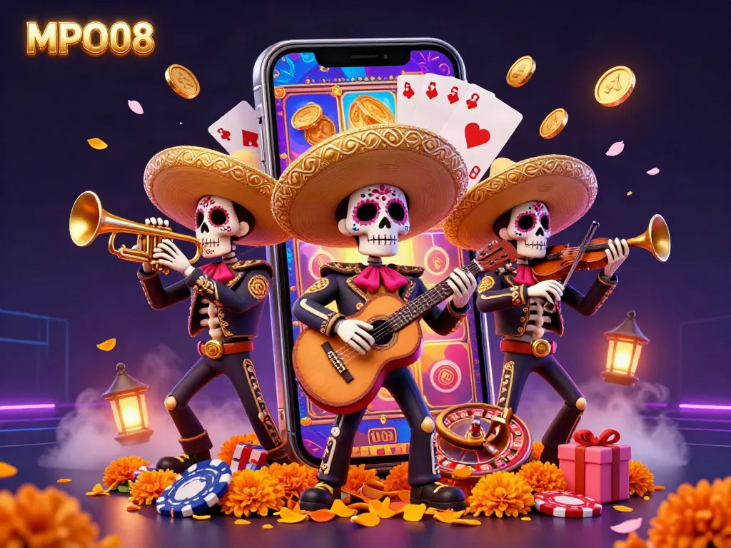 MPO08 offers a vibrant scene of a mariachi band engaging with colorful slot games and casino elements.