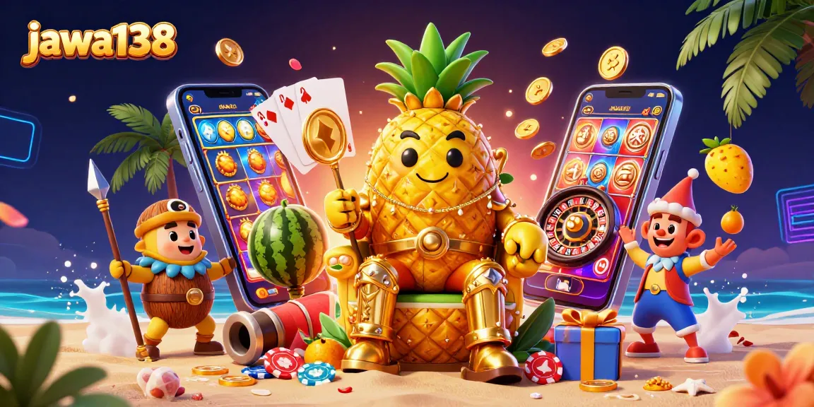 Jawa138 menghadirkan ilustrasi kasino 3D dengan raja nanas emas dan elemen perjudian menarik.