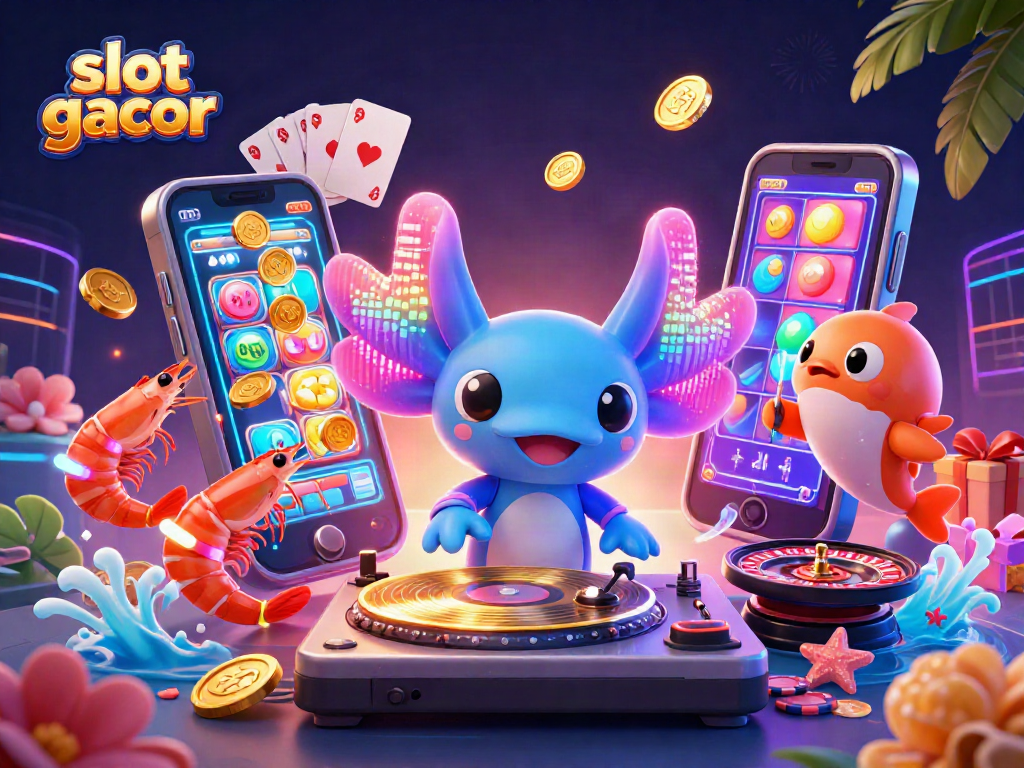 Slot gacor menampilkan festival kasino dengan DJ axolotl dan karakter laut yang ceria.