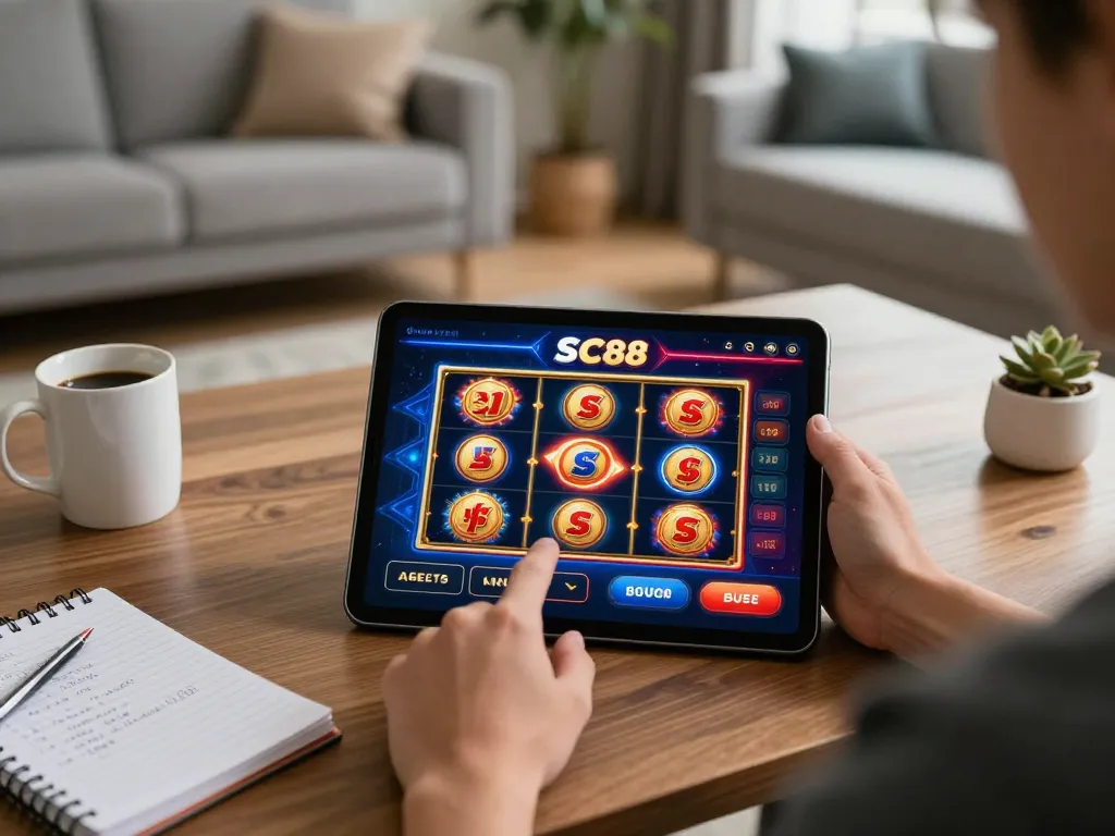 Playing slots on SC88 app in a cozy home setup, enhancing online gambling experience