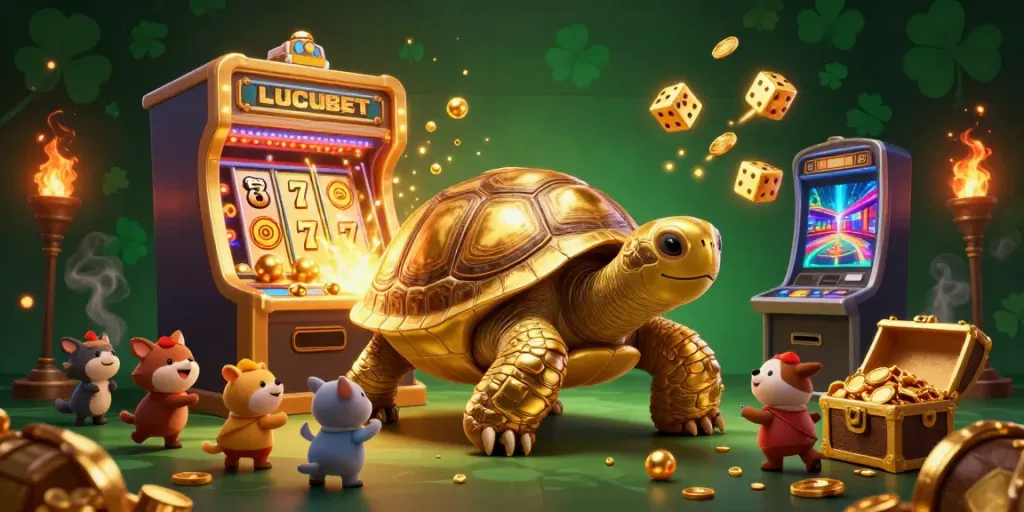 LUCUBET grand casino scene with a golden tortoise pinball machine and bursting jackpot elements.
