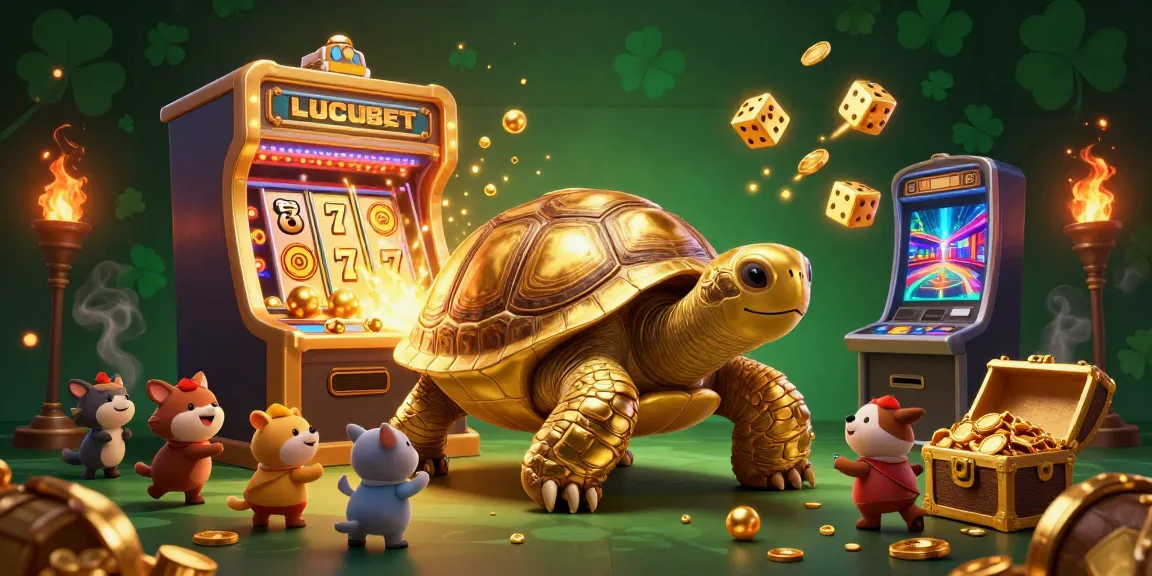 LUCUBET grand casino scene with a golden tortoise pinball machine and bursting jackpot elements.