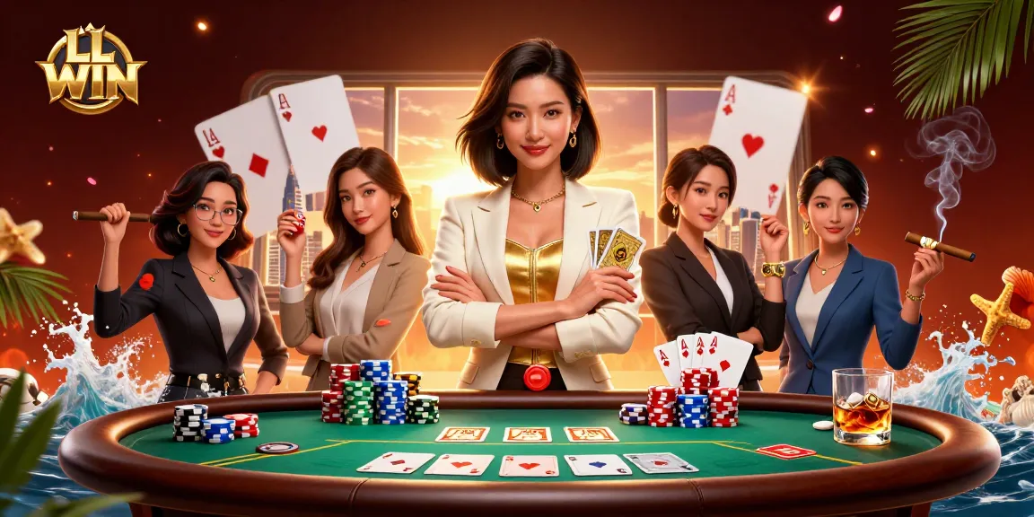 Experience excitement at LL WIN casino with a glamorous Asian woman holding golden cards.