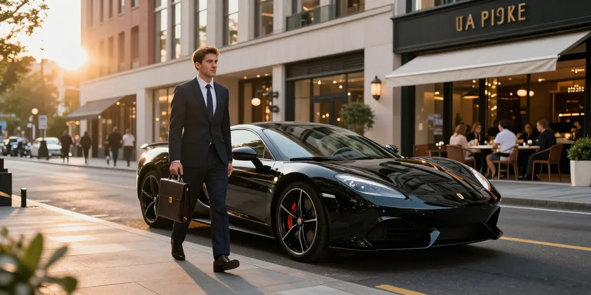 LUXURY 777 mobil olahraga hitam di jalan urban mewah dengan latar arsitektur modern.