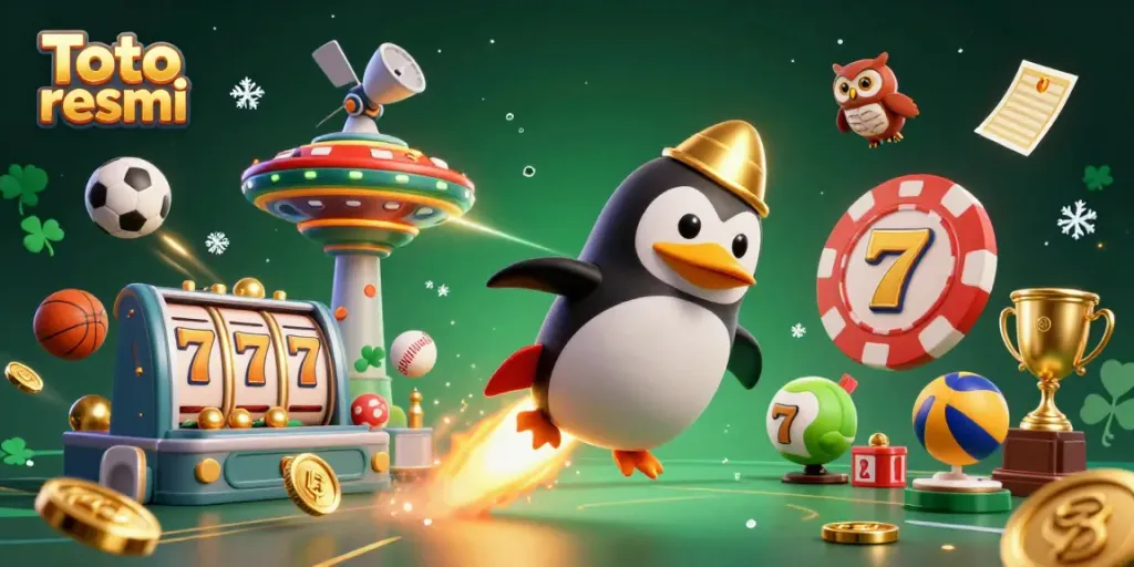 Engage in gaming excitement with Toto resmi showcased by a golden penguin soaring to a casino.