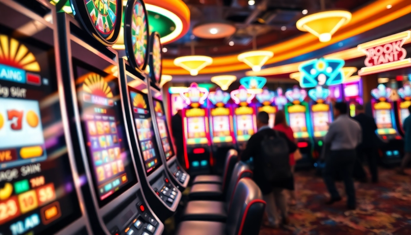 Slot mesin kasino yang mengasyikkan dengan simbol berwarna-warni dan cahaya terang.