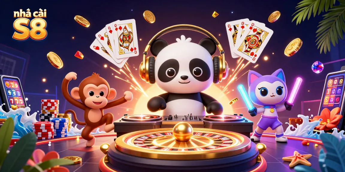 Engage with exciting features at nhà cái S8 while surrounded by vibrant casino elements and characters.