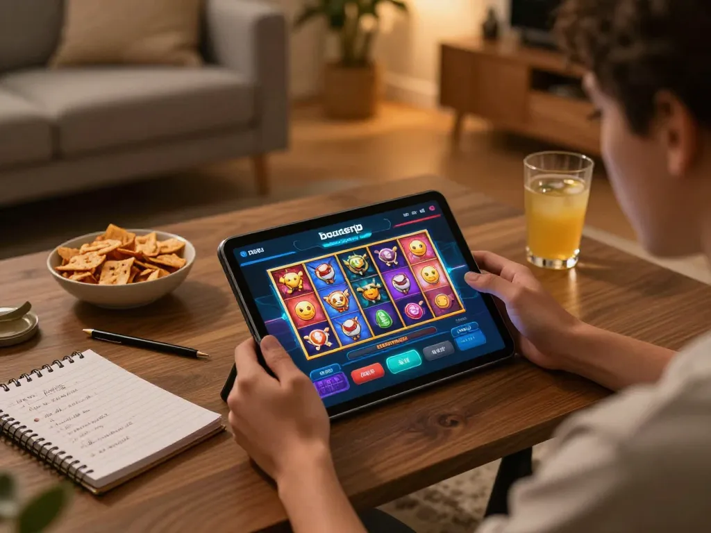 Player enjoying slots on boosterjp app at home with tablet, showcasing fun and relaxation.