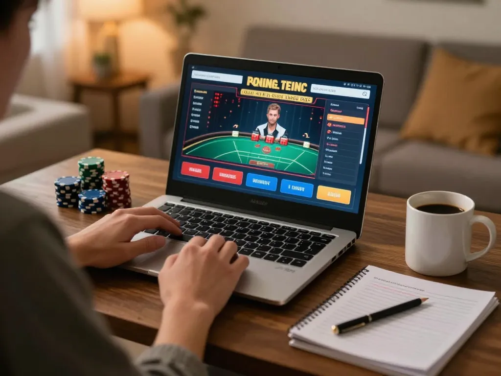 Nego77 player strategizing their bets using a laptop with poker interface and chips at home