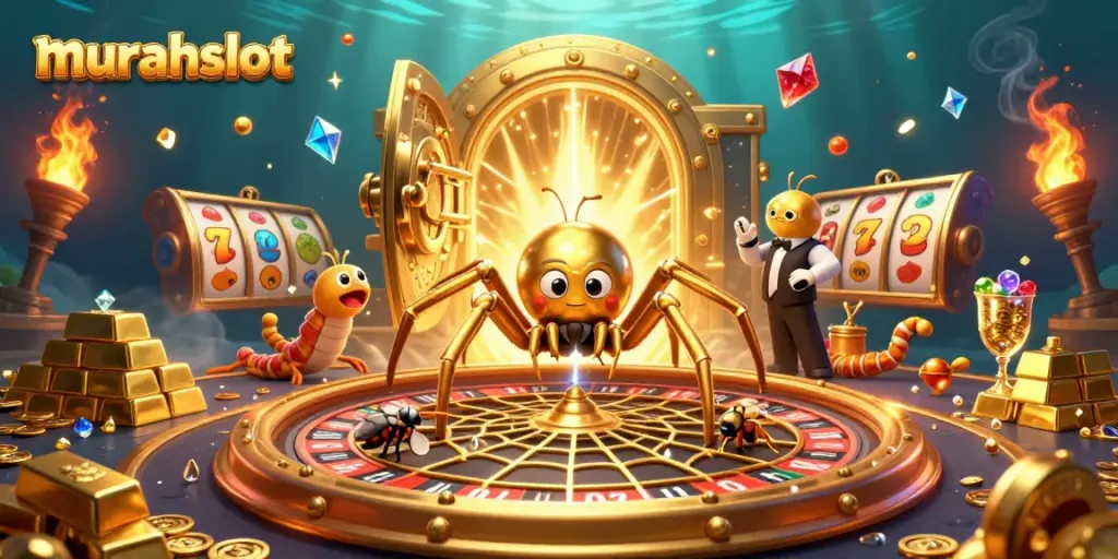 Place bets at murahslot featuring a golden spider and roulette web in a rich casino atmosphere.
