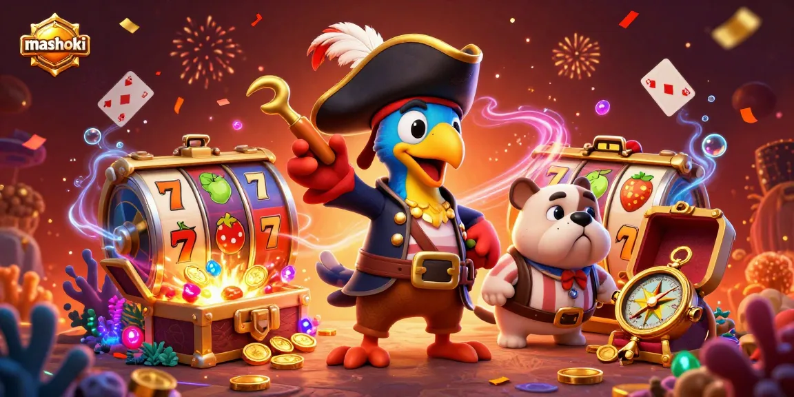 Mashoki showcases a vibrant pirate-themed casino scene with characters and slot reels, emphasizing thrilling gameplay.