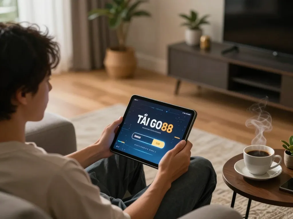TẢI GO88 on tablet screen during cozy home gaming session with coffee and modern decor.