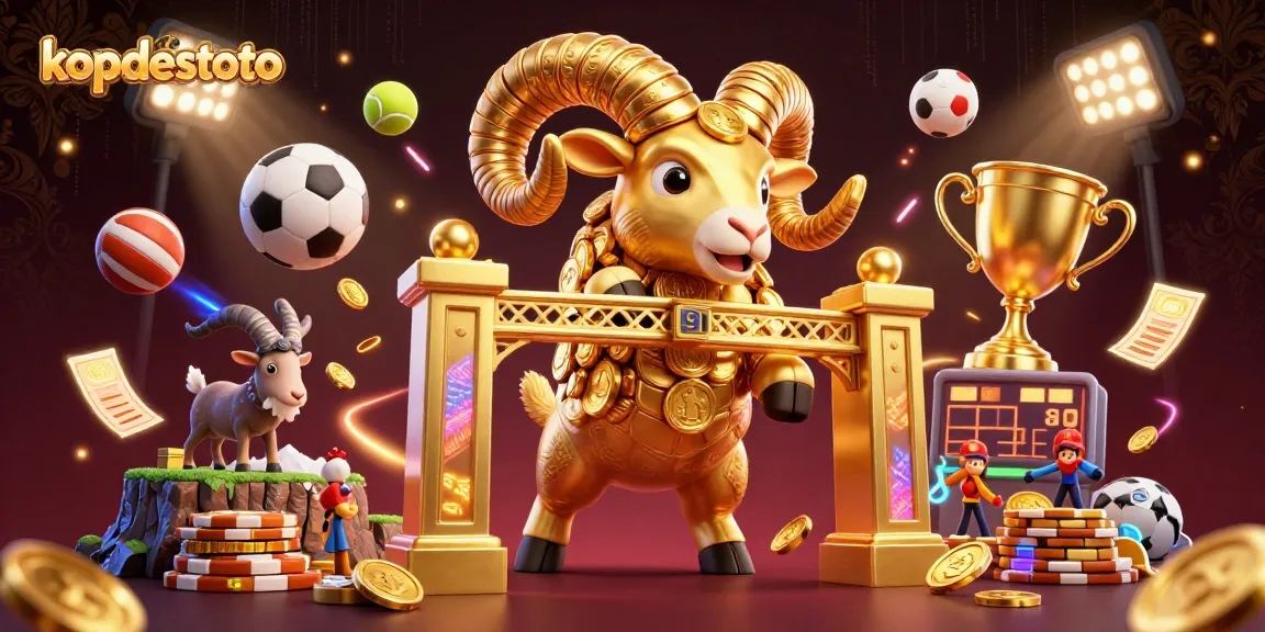 Kopdestoto delivers thrilling gambling experiences with a vibrant scene of a golden ram charging amidst sports elements.