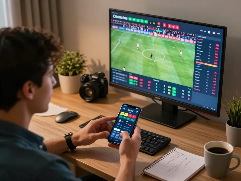 Engaged bettor analyzing sports with the bongdalu pro app at home, featuring odds and matches.