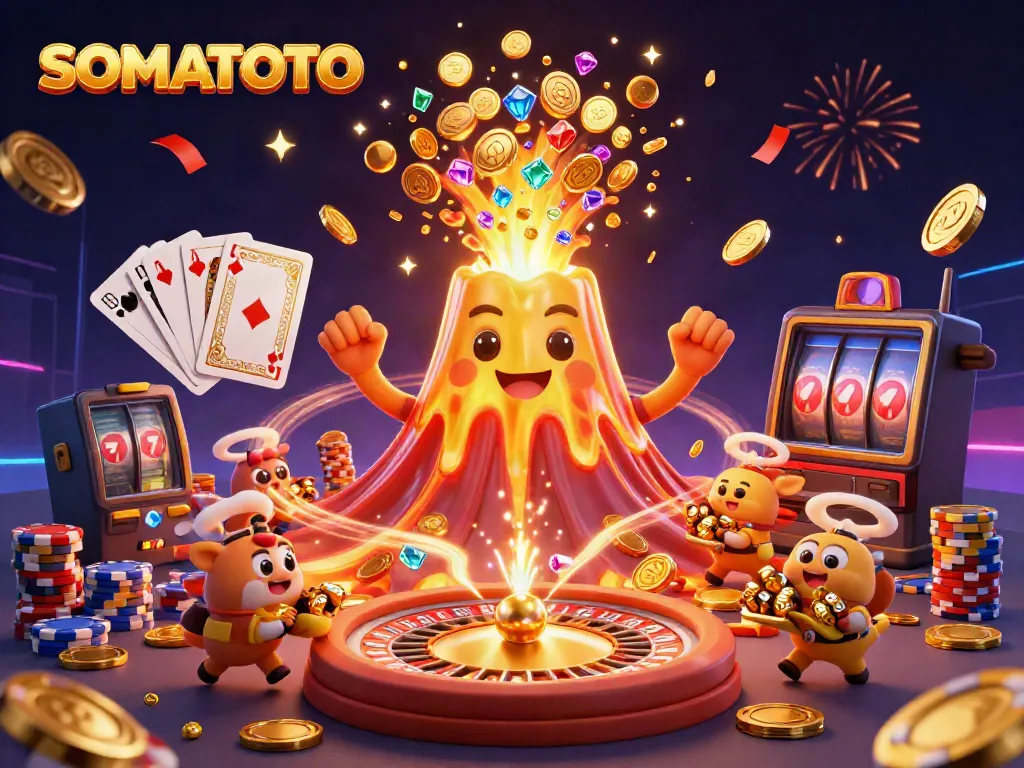 Experience the thrill of SOMATOTO with a vibrant 3D casino scene featuring treasures and gaming excitement.