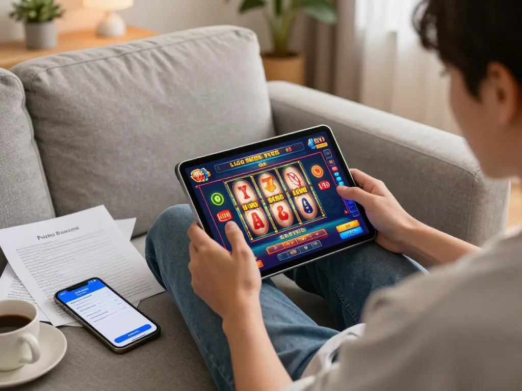 LGO SUPER online gaming experience on tablet with vibrant slots interface and player strategy notes.