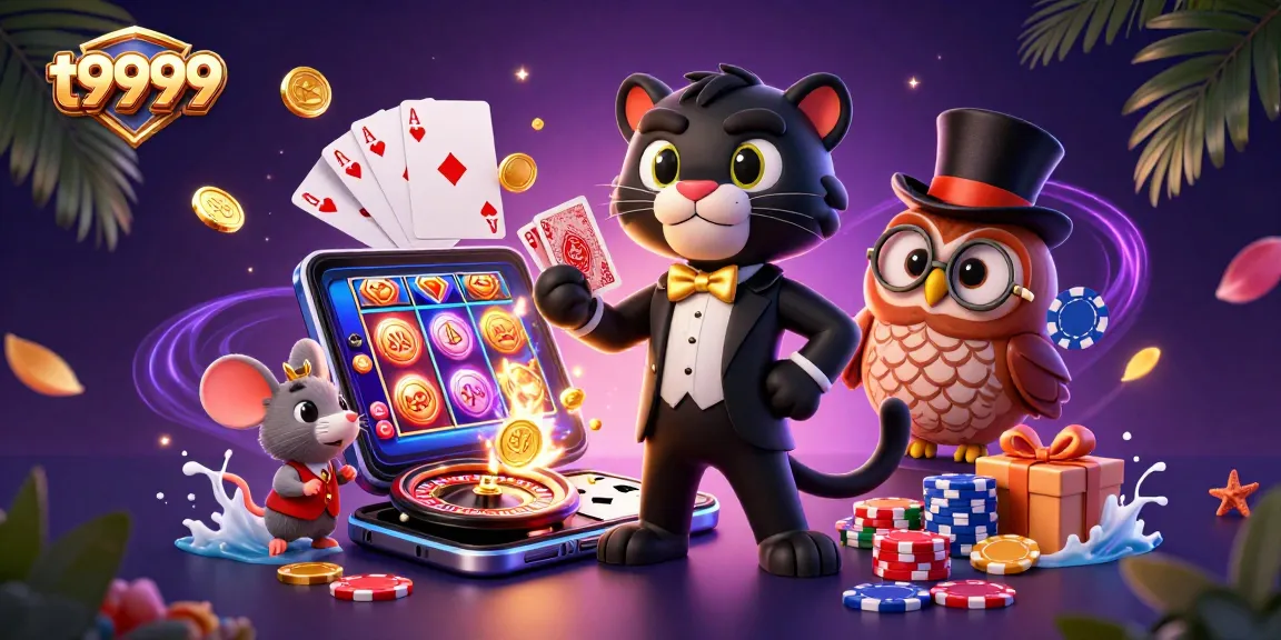 T9999 offers an exciting scene of a stylish panther dealing cards among festive game elements, capturing the thrill of online gambling.