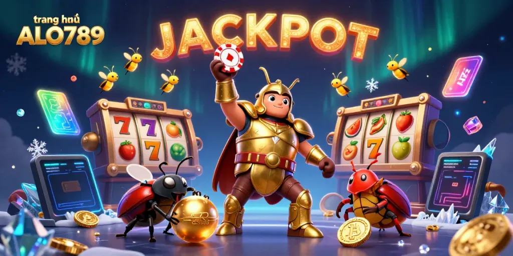 Win big on trang chủ ALO789 with a dynamic 3D illustration of beetles in a casino scene
