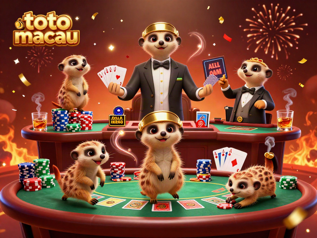 Menampilkan data toto macau dengan karakter meerkat bermain judi, menghadirkan suasana kasino yang meriah