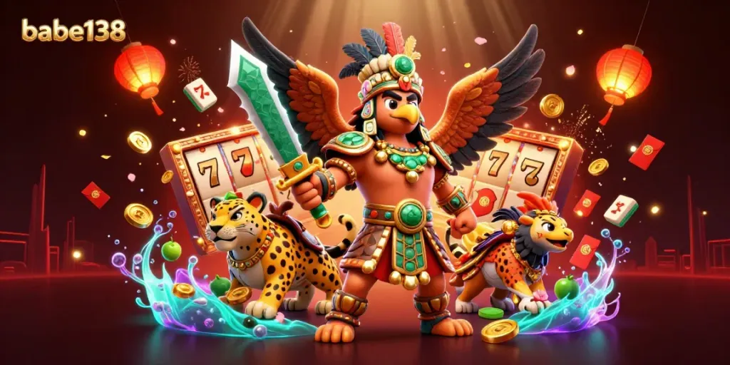 Karakter Babe138 bermain slot gacor dengan operator terpercaya dan simbol keberuntungan yang berkilauan.