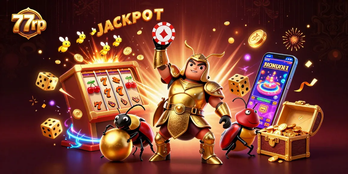 Experience thrilling wins at 77rp in this vibrant illustration featuring a victorious beetle celebrating jackpot success.