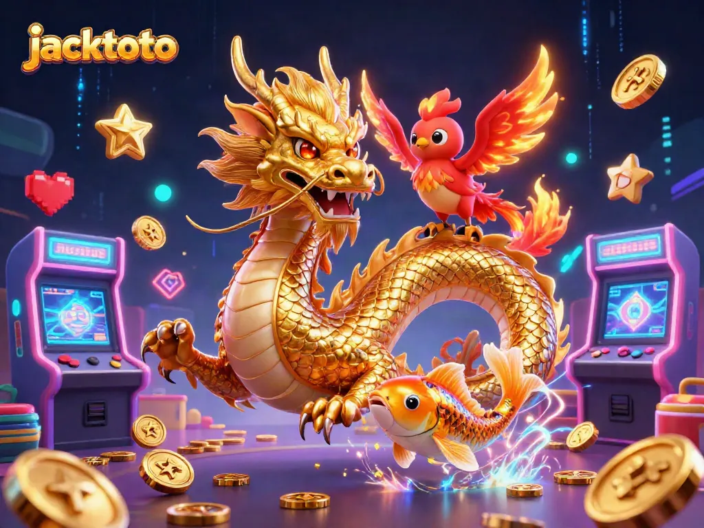 Launch into thrilling gaming with JACKTOTO's vibrant casino elements surrounding a dragon and phoenix.