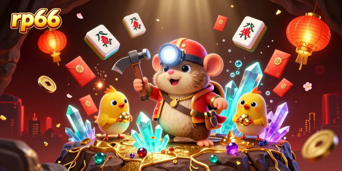 Experience the excitement of rp66 with treasure hunting and glowing gems in this dynamic casino illustration.