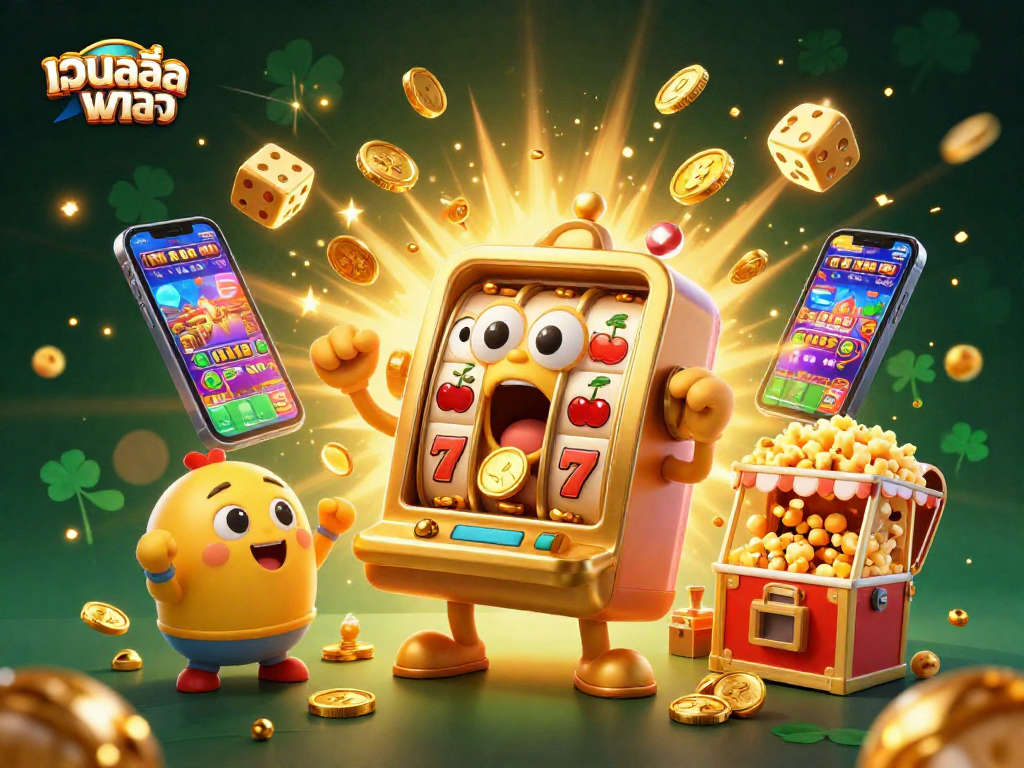 Spin the เว็บสล็อตตรง jackpot with cheerful slot machines and coins raining down in a vibrant casino scene.