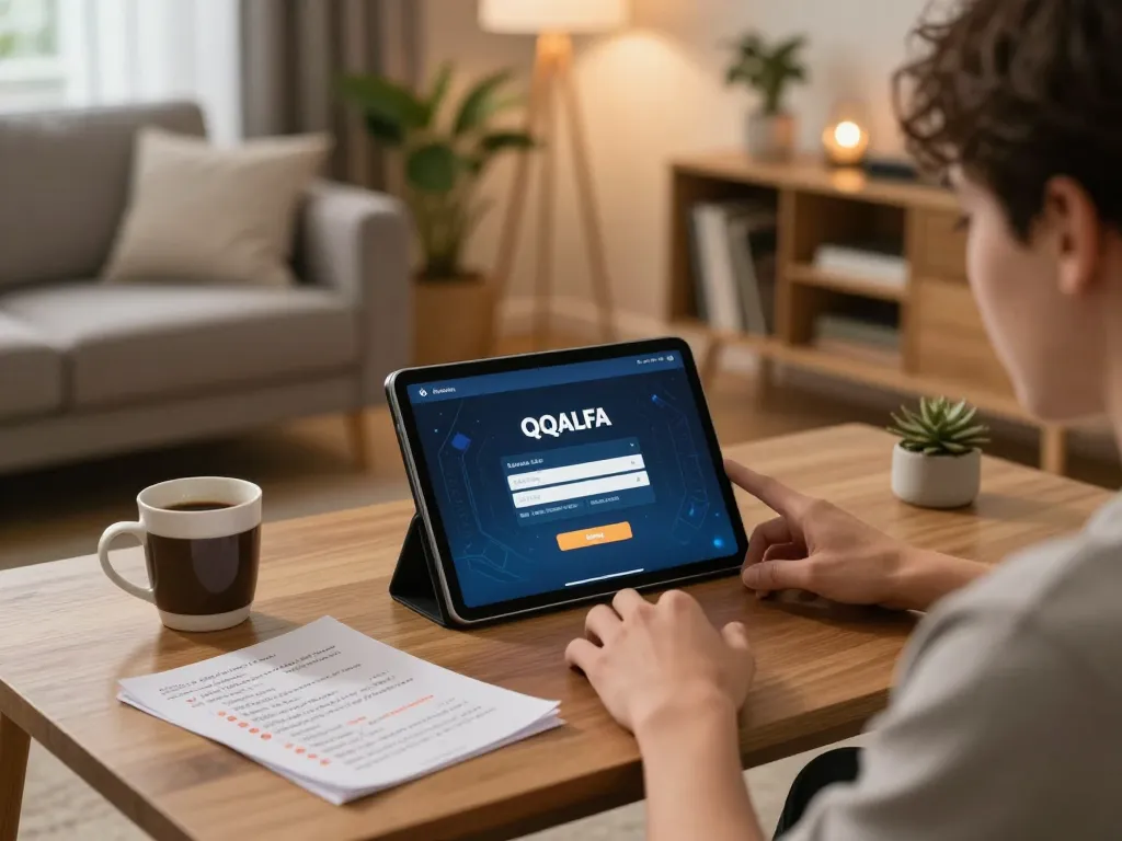 Engaging in QQALFA login on tablet, enjoying a strategic online gambling session in a cozy living room.