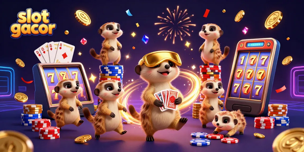Aktivitas slot gacor yang menarik dengan meerkat di kasino digital, chip terbang, dan slot mewah.