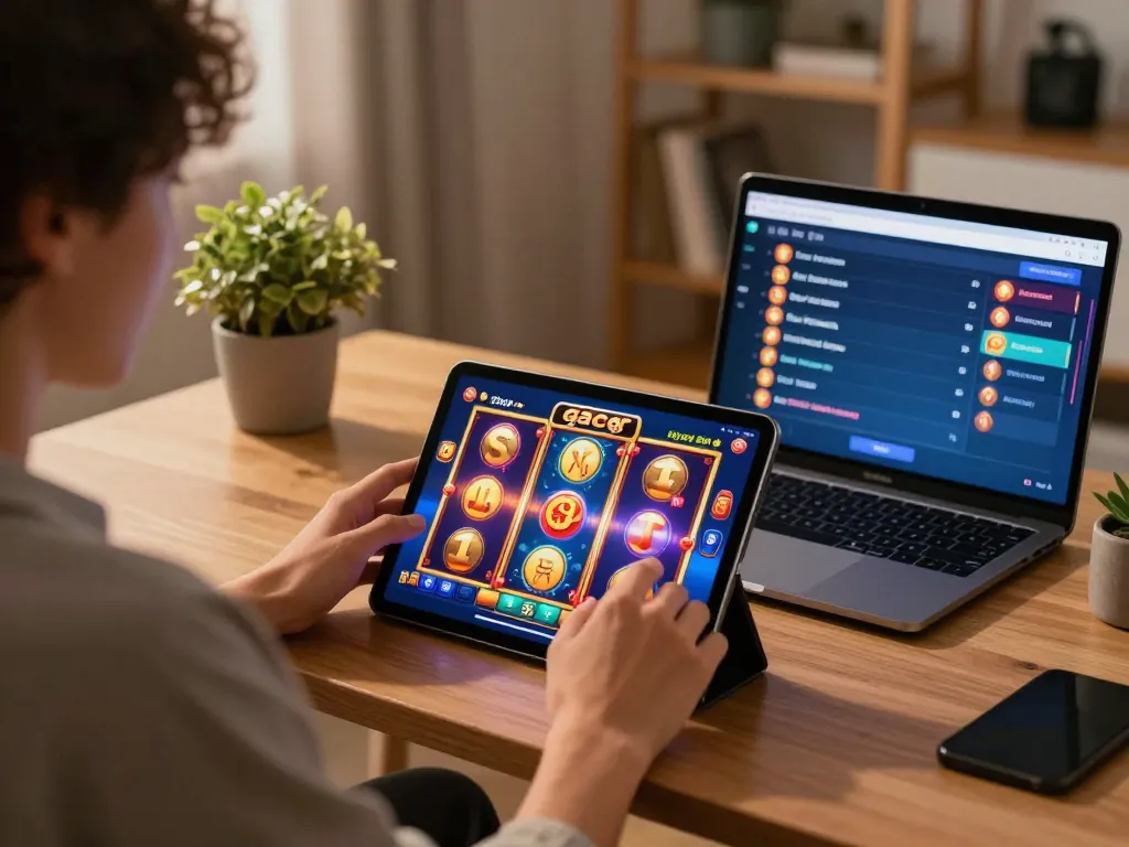 Playing slot gacor on tablet, showcasing vibrant reels and dynamic gameplay in a cozy home setting.