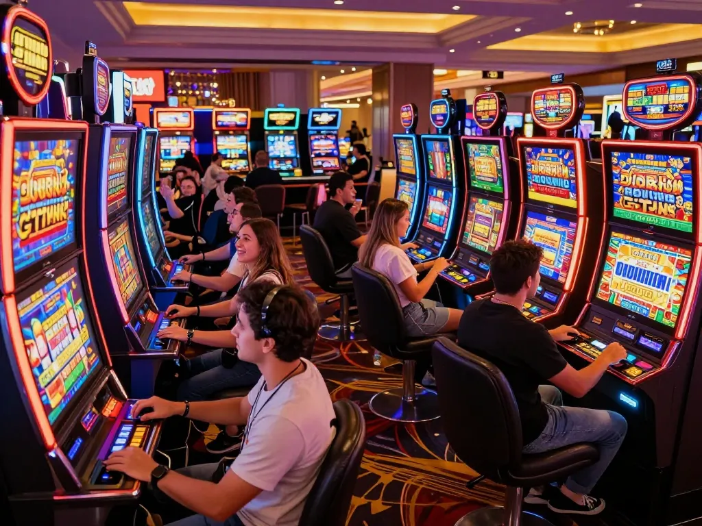 Players spinning the slot zeus machine reels for thrilling wins in a lively casino.