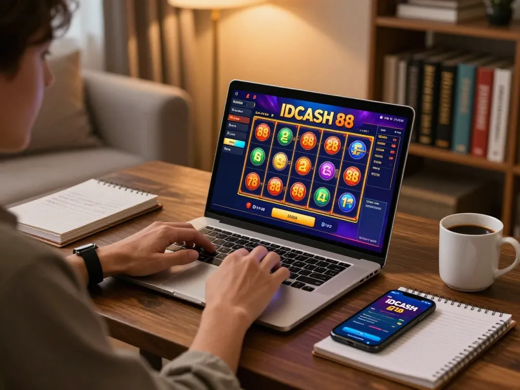 Engaging with IDCASH 88 online gaming experience at home, capturing strategy and excitement in a vibrant setup.
