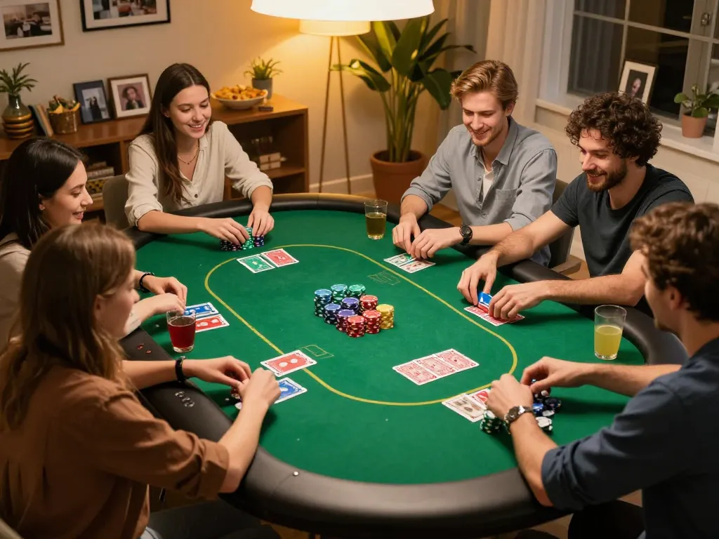 Players enjoying a lively poker night, experiencing the thrill of IDC88 JOKER in a cozy home setting.
