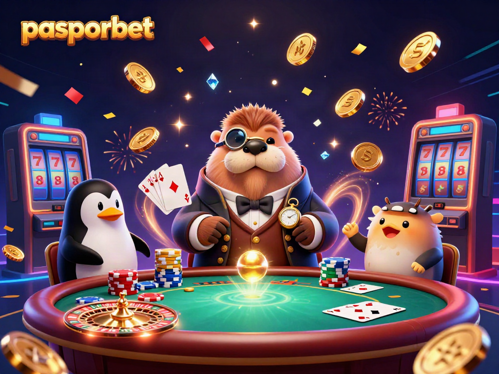 Pasporbet: bermain poker bersama walrus ceria dan dealer penguin di bawah laut dengan efek emas yang berkilauan.