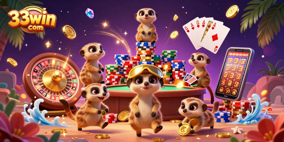 Experience the excitement of 33win com with cartoon meerkats running a lively casino, complete with vibrant slot machines and dynamic gaming elements.
