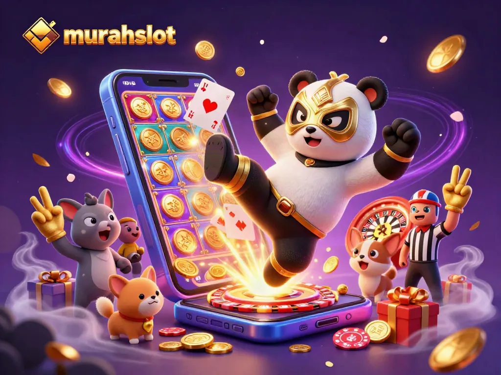 Experience thrilling action at murahslot with cartoon panda wrestler kicking while slot games spin around!