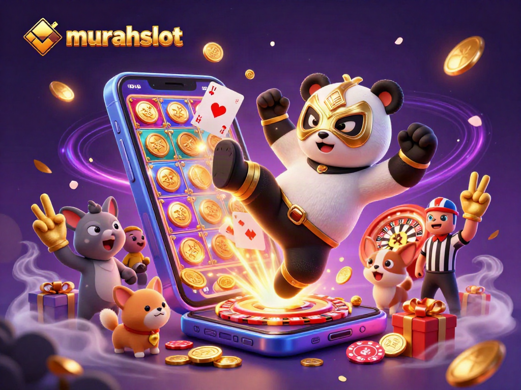 Experience thrilling action at murahslot with cartoon panda wrestler kicking while slot games spin around!