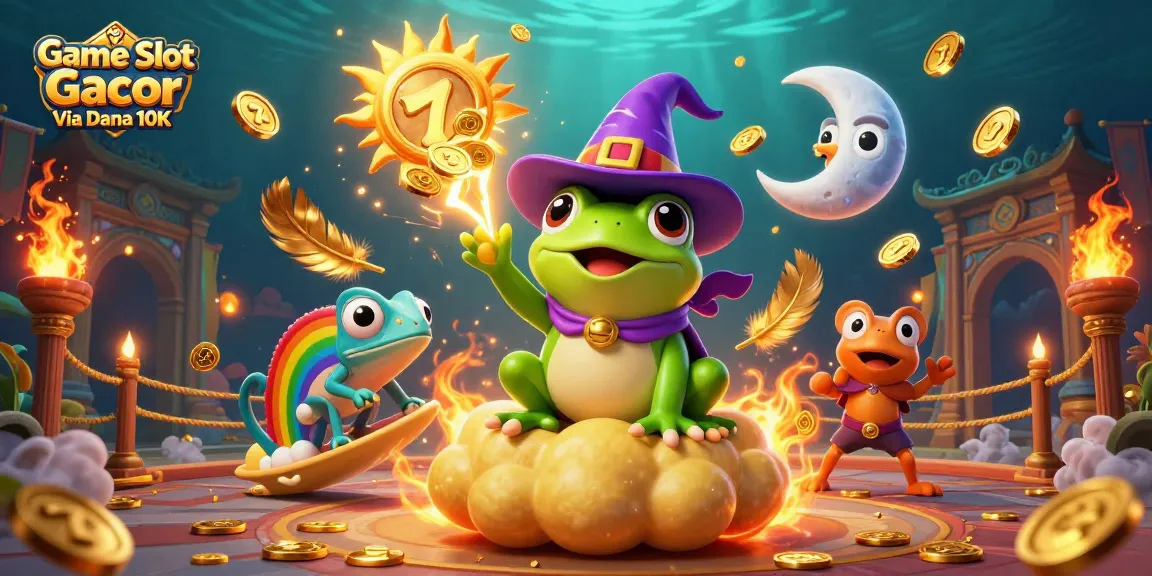 Play Game Slot Gacor Via Dana 10K with vibrant characters and golden coins in a dynamic casino scene.