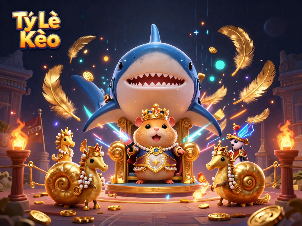 Tỷ Lệ Kèo showcases a dynamic scene with a hamster king on a shark throne amidst betting coins and vibrant elements.