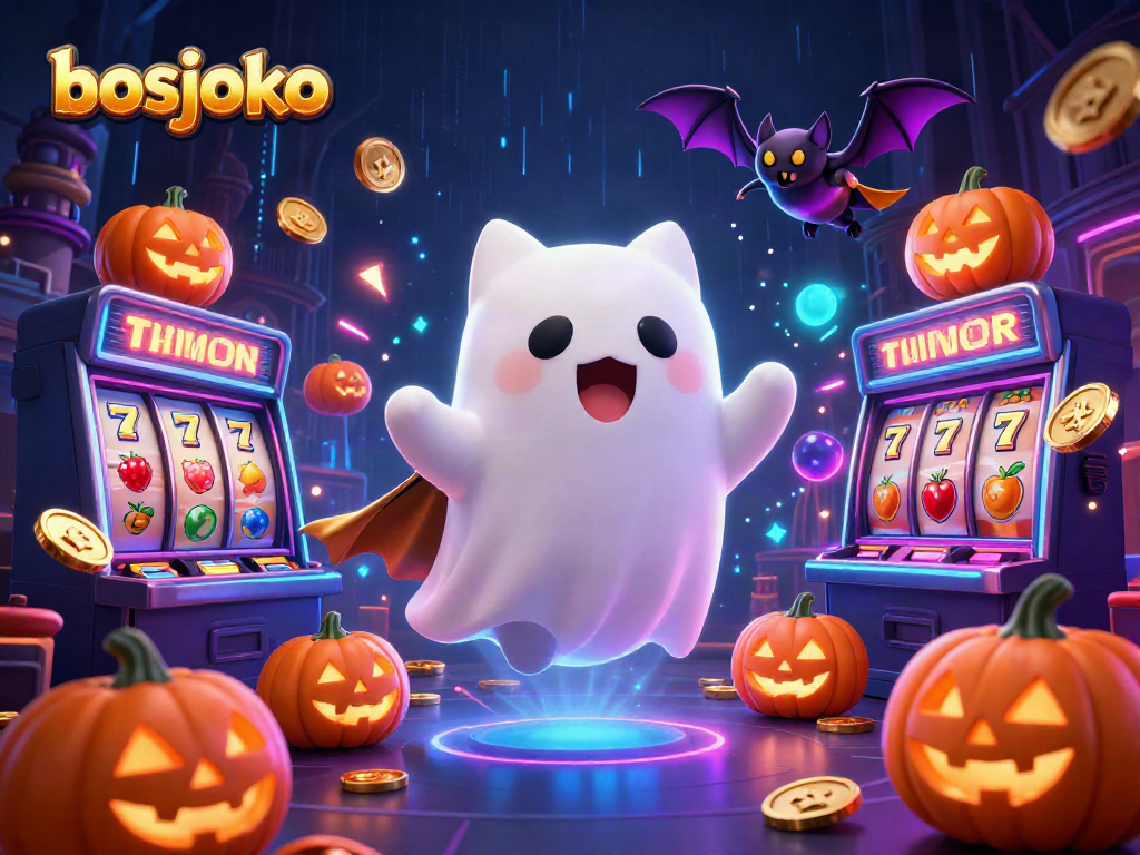 Engage with bosjoko's vibrant casino scene featuring a playful ghost cat, slots, and glowing elements.