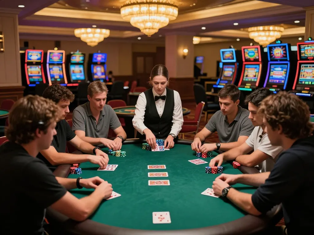Engaged players at a qqslotjepe poker table, immersed in a high-stakes game amidst a luxurious casino ambiance.