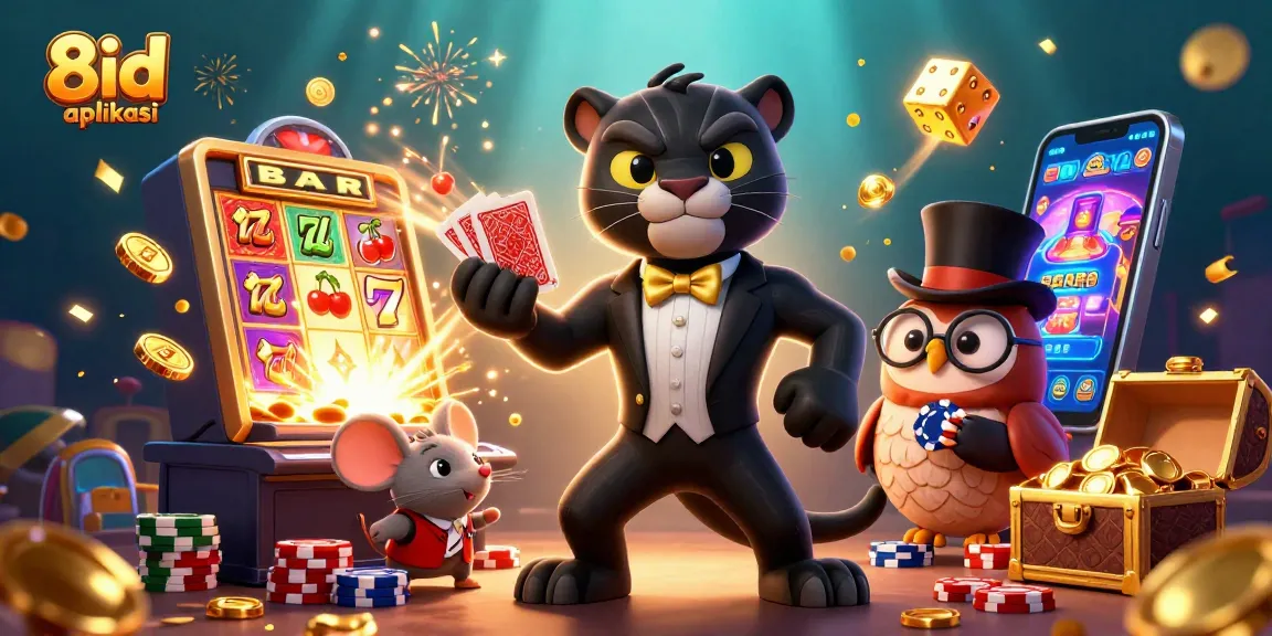 Experience the thrill of 8id aplikasi with a vibrant casino scene featuring a stylish panther and lucky characters.