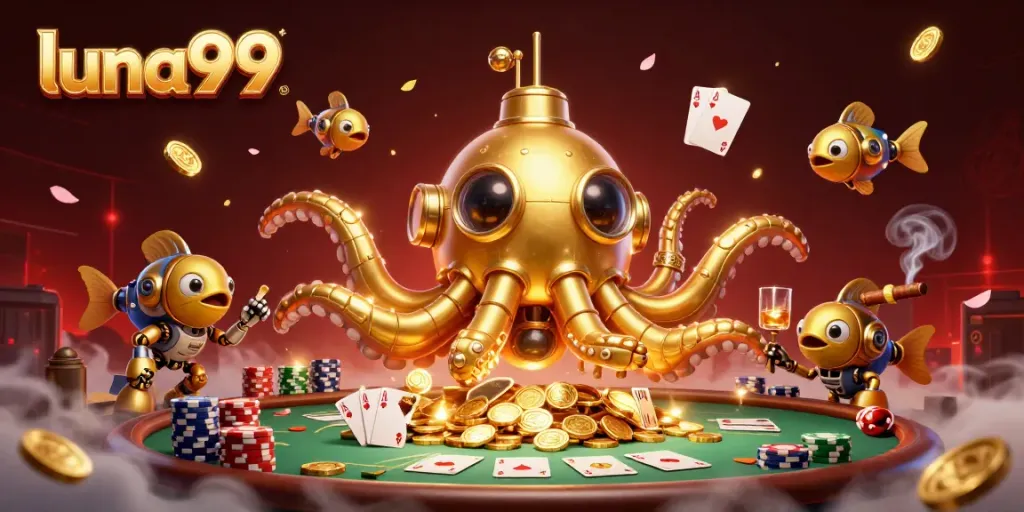 Gambarkan keseruan bermain di luna99 dengan kapal kraken emas yang terbang di lautan koin emas.